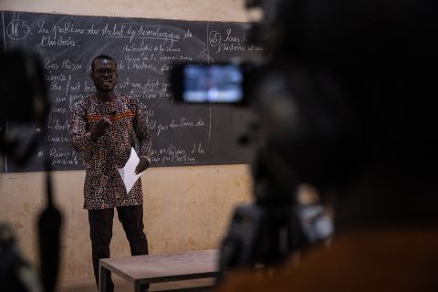 Wendlamita Marino Compaoré, a philosophy teacher, records a class for high-school students in Ouagadougou, Burkina Faso, on March 30.