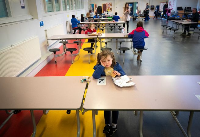 Children of essential workers follow social-distancing rules while attending school in Edinburgh, Scotland, on April 28.