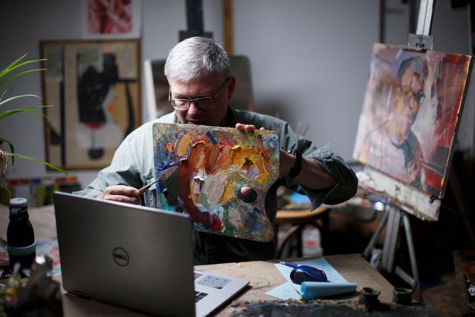 Fred Haag, an associate professor of visual arts at Penn State York, conducts a remote class from his small farm in Hellam, Pennsylvania, on April 22.