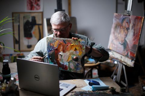 Fred Haag, an associate professor of visual arts at Penn State York, conducts a remote class from his small farm in Hellam, Pennsylvania, on April 22.