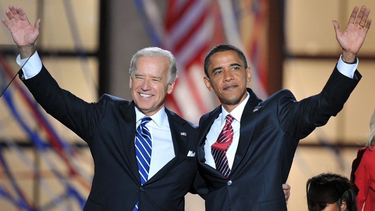 In this August 28, 2008, file photo, Democratic presidential candidate Barack Obama and vice presidential candidate Joe Biden appear onstage at the end of the Democratic National Convention at the Invesco Field in Denver, Colorado.
