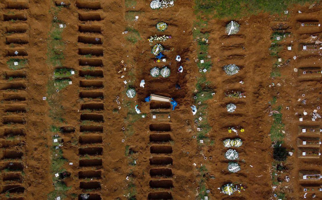 An aerial view of Vila Formosa cemetery in Sao Paulo, during an April burial.