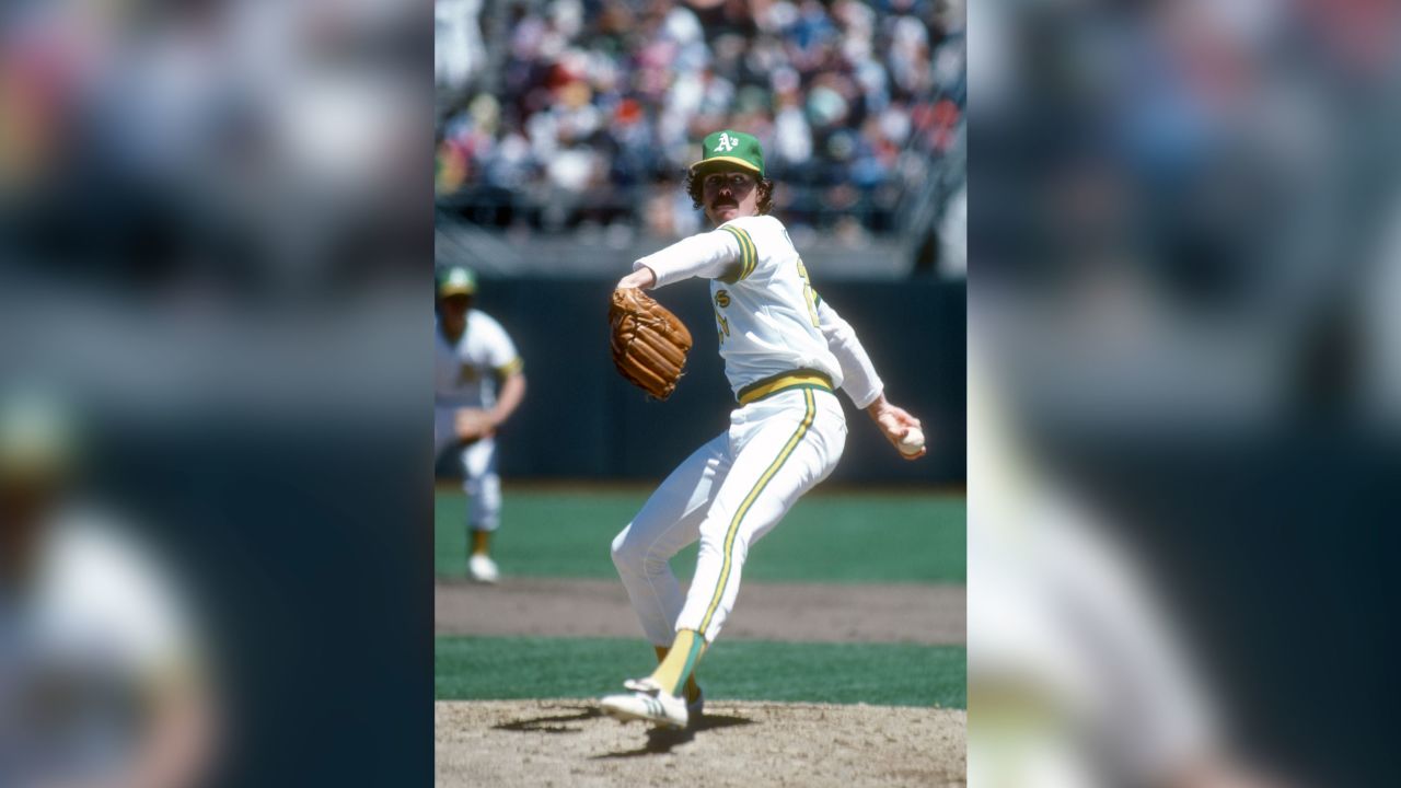Matt Keough of the Oakland Athletics pitches during a major league game in 1981 at the Oakland-Alameda County Coliseum.