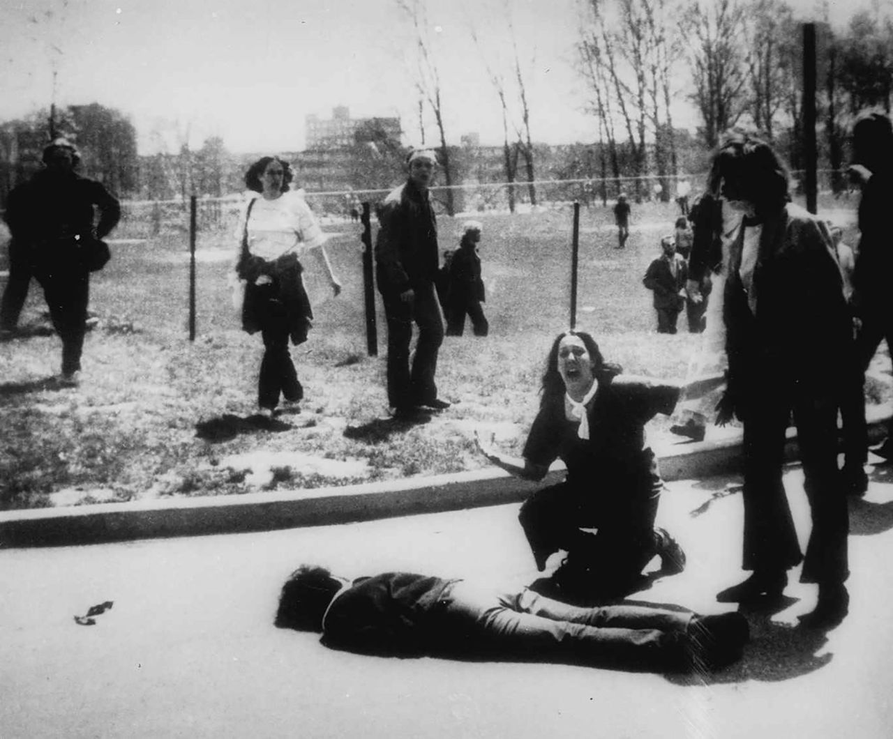 In this Pulitzer Prize-winning photo, taken by Kent State photojournalism student John Filo, Mary Ann Vecchio can be seen screaming as she kneels by the body of a slain student.