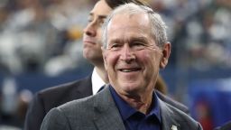 ARLINGTON, TEXAS - OCTOBER 06: Former President George W. Bush and former First Lady Laura Bush attend the NFL game between the Dallas Cowboys and the Green Bay Packers at AT&T Stadium on October 06, 2019 in Arlington, Texas. (Photo by Ronald Martinez/Getty Images)