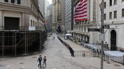 Wall street remains mostly empty during the coronavirus pandemic in New York City.
