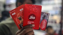 Sim card packets for Reliance Jio, the mobile network of Reliance Industries Ltd., are displayed for a photograph at a store in Mumbai, India, on Sunday, Jan. 19, 2020. 