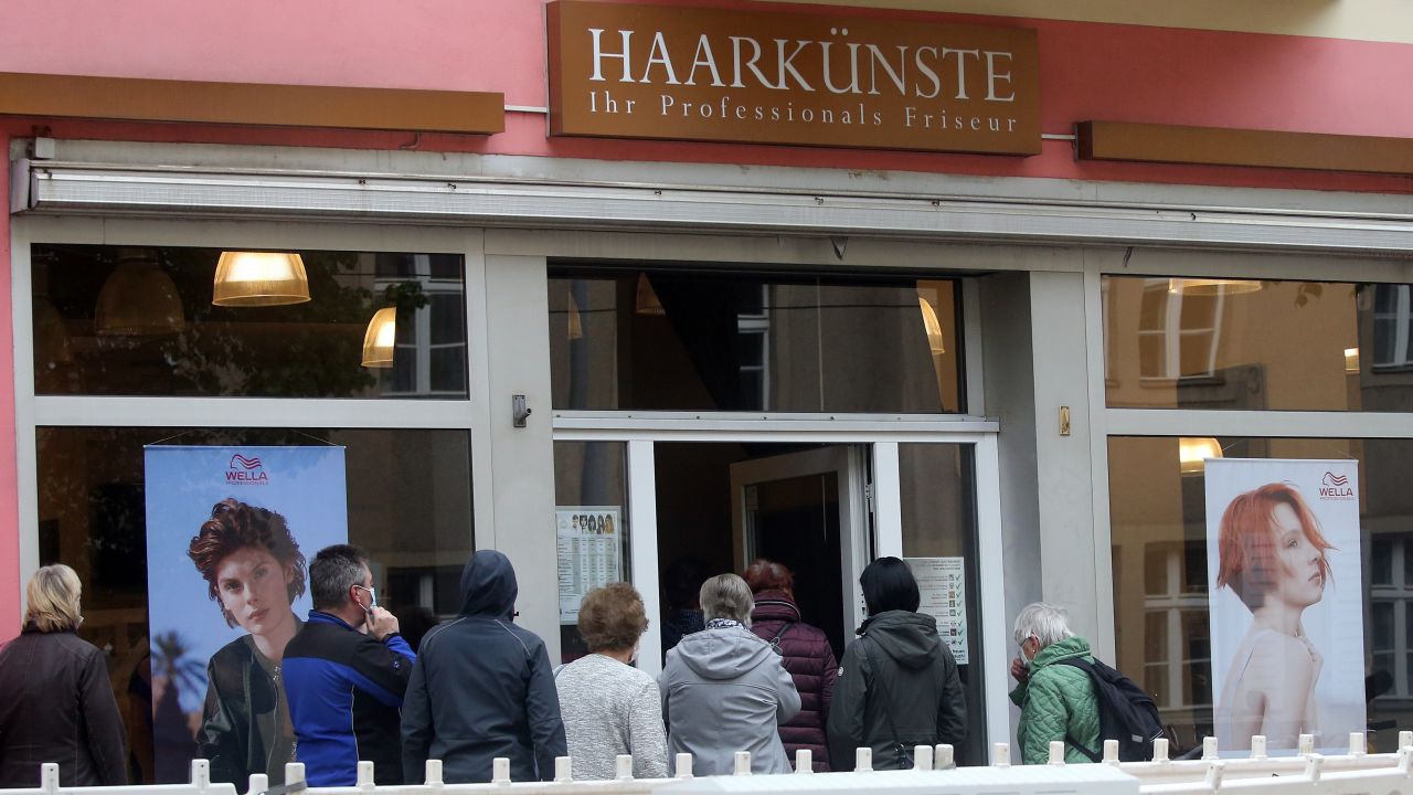 A line forms at a salon in Berlin on Monday after hairdressers were allowed to reopen.