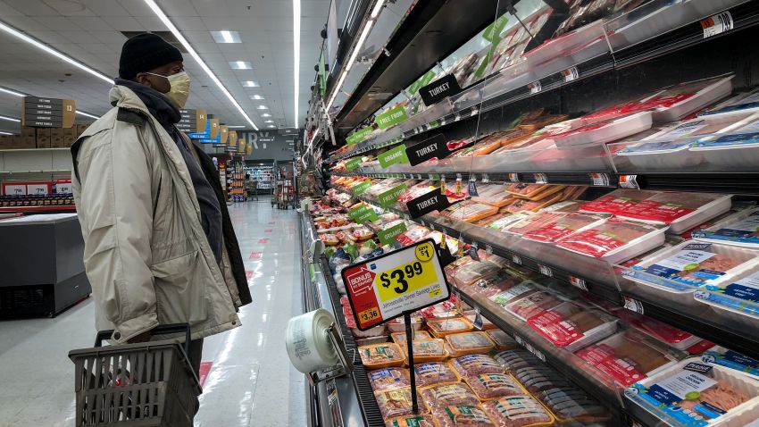 WASHINGTON, DC - APRIL 28: A man shops in the meat section at a grocery store, April 28, 2020 Washington, DC. Meat industry experts say that beef, chicken and pork could become scarce in the United States because many meat processing plants have been temporarily closed down due to the coronavirus pandemic. Tyson Foods took out a full page advertisement over the weekend in several major American newspapers, warning that the food supply chain is on the cusp of breaking. (Photo by Drew Angerer/Getty Images)