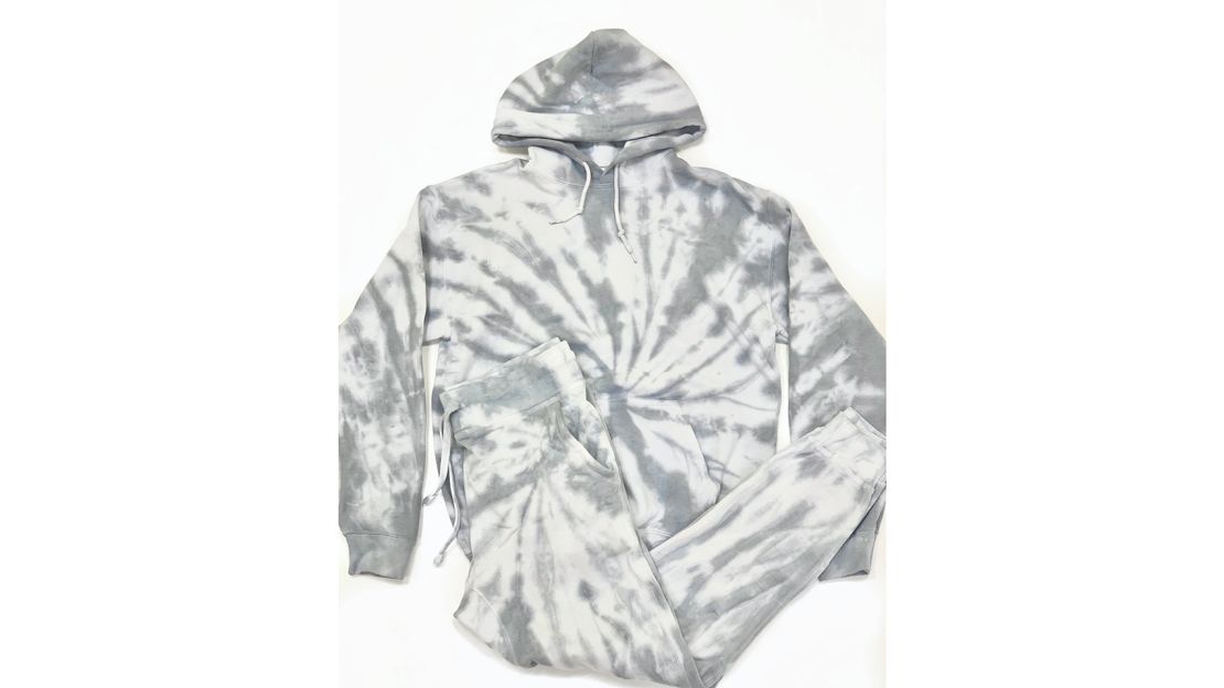 One of Jordan Baker's tie-dye sweatsuit creations, in a swirl pattern 