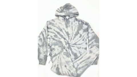 One of Jordan Baker's tie-dye sweatsuit creations, in a swirl pattern