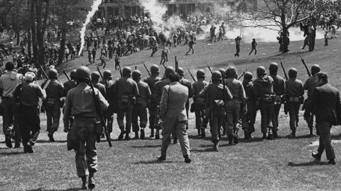 The Ohio National Guard is called in to disperse a rally on May 4, 1970. Shortly after the protest began, guardsmen fired tear gas at the students.
