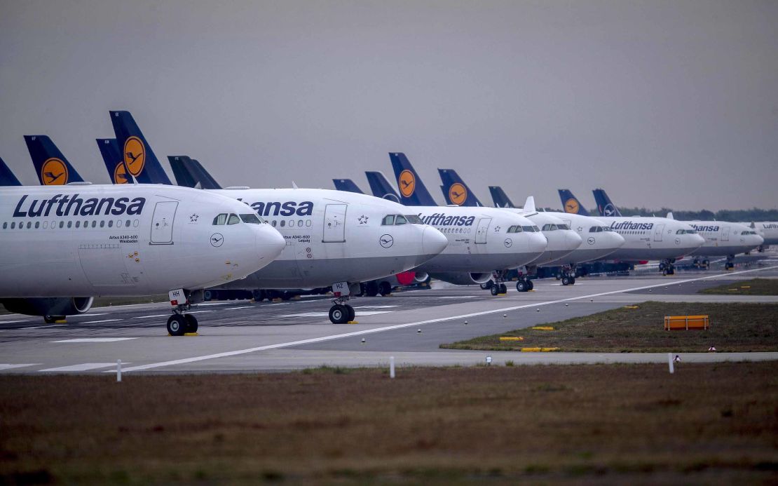 Lufthansa craft on a runway at Frankfurt Airport in May 2020.