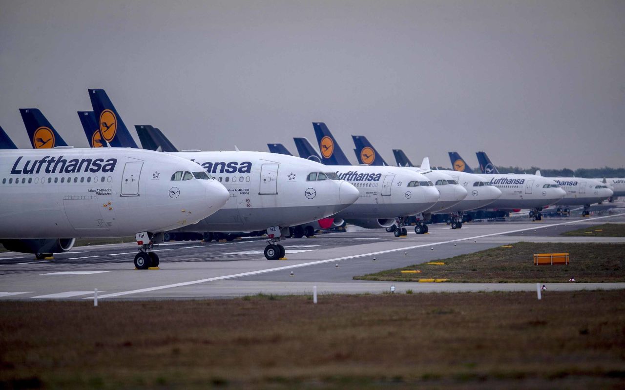 Lufthansa craft on a runway at Frankfurt Airport in May 2020. 