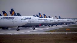 Aircrafts of German Lufthansa airline are parked on a runway at the airport in Frankfurt, Germany, Monday, May 4, 2020. Lufthansa is in negotiations with the German government about financial aid. (AP Photo/Michael Probst)