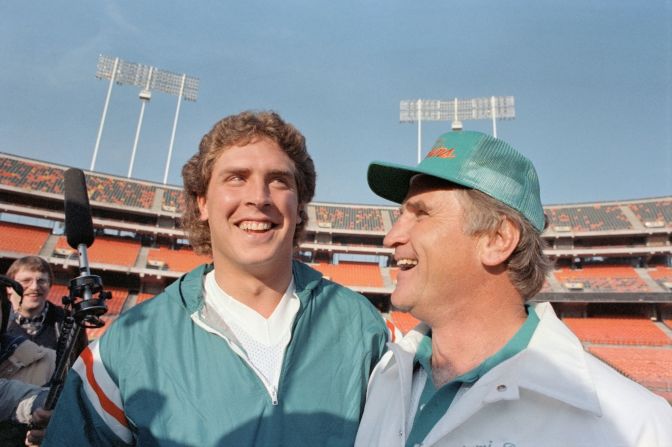 Shula and Dolphins quarterback Dan Marino meet the press together in 1985. They were getting ready to play the San Francisco 49ers in Super Bowl XIX. The Dolphins lost 38-16.