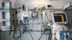 The connections for a patient bed with a respirator are seen in the intensive care unit at the University hospital of Aachen, western Germany, on April 15, 2020 during the novel coronavirus COVID-19 pandemic. (Photo by Ina FASSBENDER / AFP) (Photo by INA FASSBENDER/AFP via Getty Images)