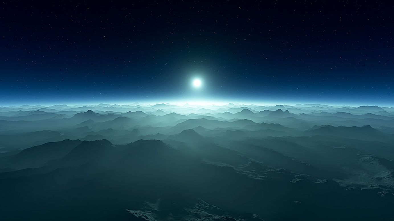 This is an artist's illustration of an exoplanet's atmosphere with a white dwarf star visible on the horizon. The starlight of a white dwarf filtered through the atmosphere of an exoplanet that's orbiting it could reveal if the planet has biosignatures.