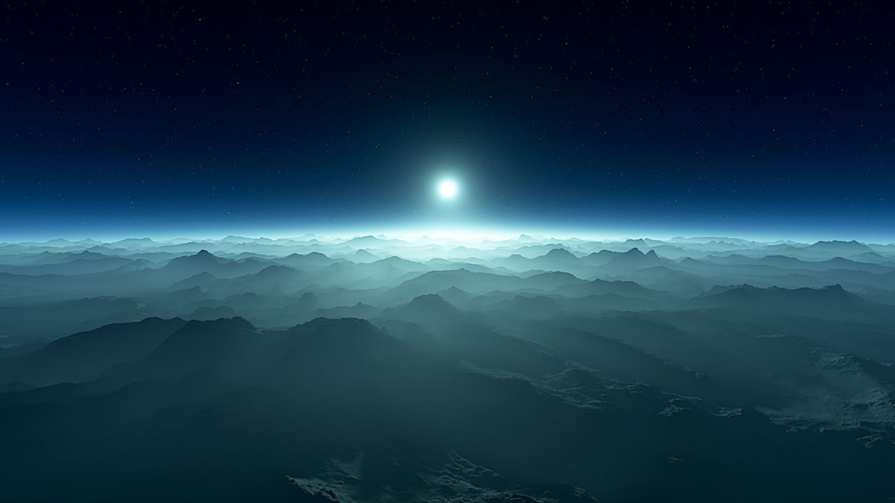 This is an artist's illustration of an exoplanet's atmosphere with a white dwarf star visible on the horizon. The starlight of a white dwarf filtered through the atmosphere of an exoplanet that's orbiting it could reveal if the planet has biosignatures.