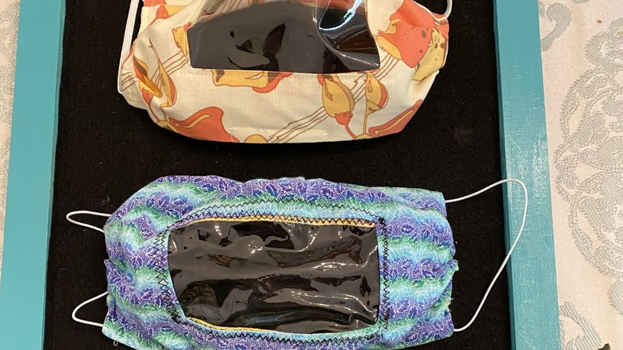The masks have fabric around the edges and use page protectors or vinyl shower curtains as the clear portion over the mouth.