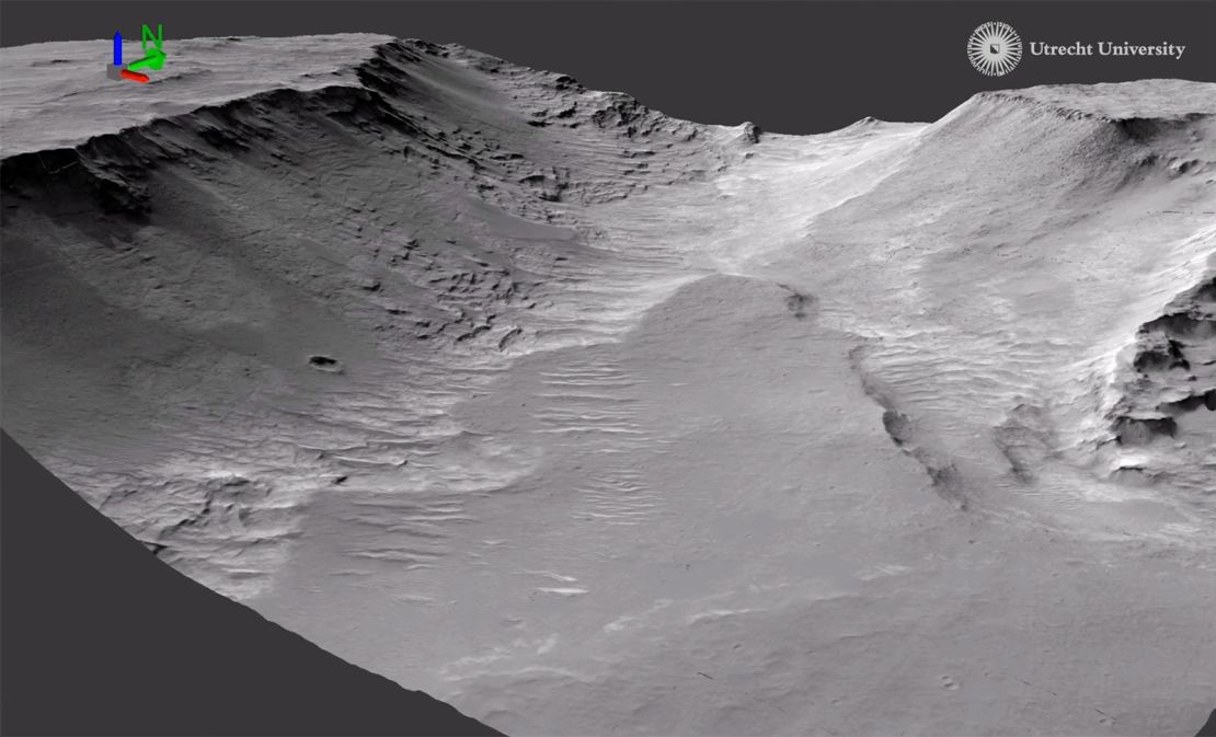 This image from a video by Utrecht University shows the valley and cliffs created by ancient rivers.