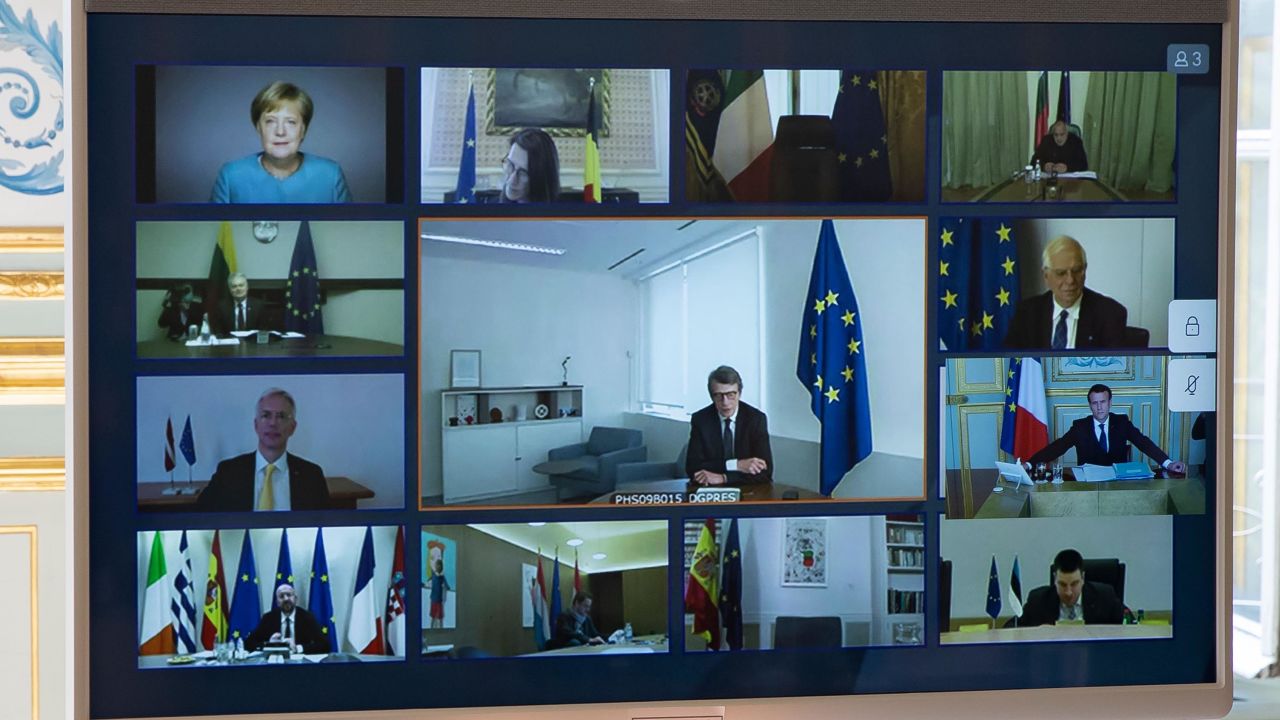 A picture shows a screen of a video conference call between members of the European Council, seen at the Elysee Palace in Paris, on March 26, 2020, to discuss coordination of EU efforts to tackle the outbreak of covid-19.