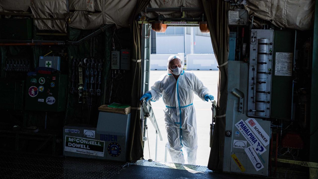 SCHKEUDITZ, GERMANY - APRIL 27: Workers unload a shipment of 10 million protective face masks and other protective medical gear that had arrived on an Antonov 225 cargo plane from China at Leipzig/Halle Airport during the novel coronavirus crisis on April 27, 2020 in Schkeuditz, Germany. The flight, coordinated by the Bundeswehr, the German armed forces, is one of three that will bring 25 million masks to Germany. Germany currently has approximately 157,000 confirmed cases of Covid-19 infection, of which approximately 103,000 have recovered and 6,0000 have died. (Photo by Jens Schlueter/Getty Images)