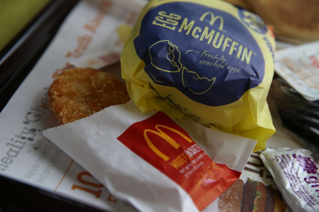 Hash browns nestle alongside an Egg McMuffin at a McDonald's restaurant in Fairfield, California.