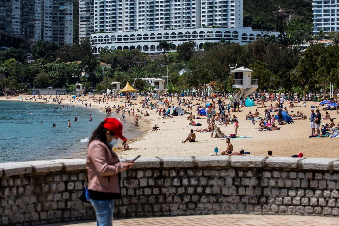 People at a beach in Hong Kong on April 13.
