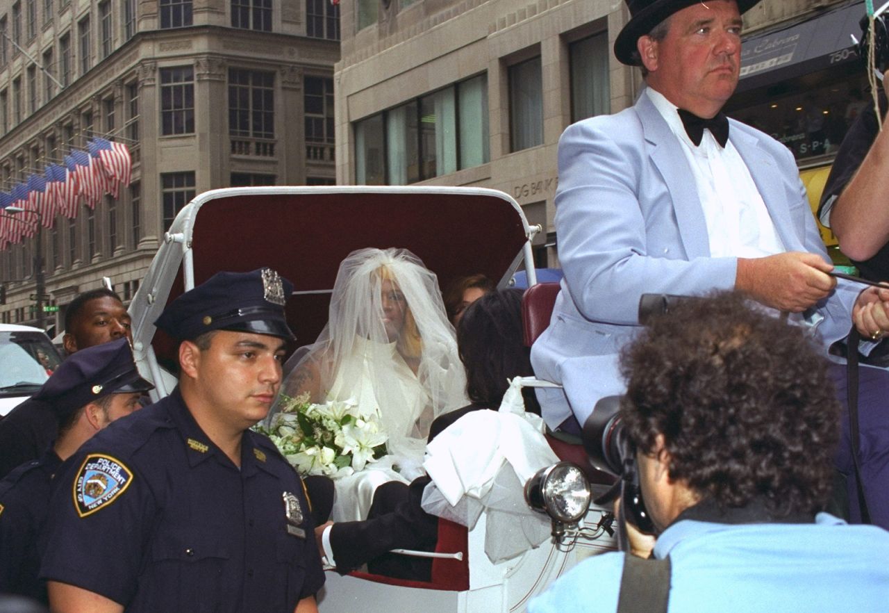 Dennis Rodman arrived at his 1996 book signing in a Hansom cab, wearing a  wedding dress.
