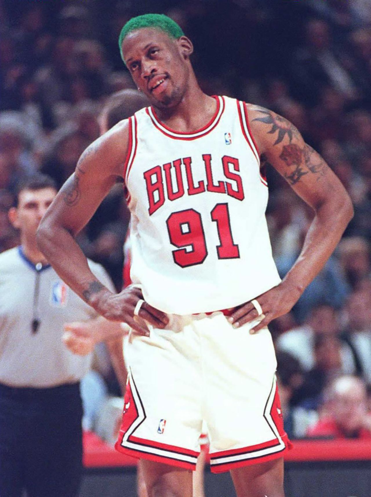 Dennis Rodman sported green hair for a time when was a forward with the Chicago Bulls.