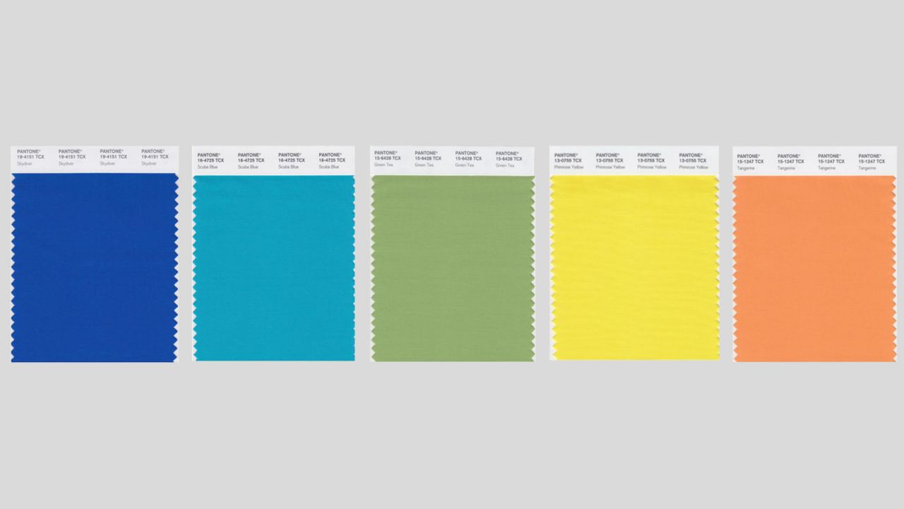 Pantone swatches to soothe and energize (left to right): Skydiver, Scuba Blue, Green Tea, Primrose Yellow and Tangerine. 