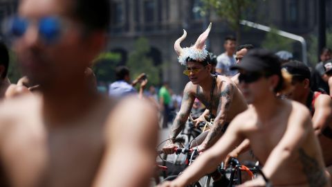 Cyclists take part at the World Naked Bike Ride day in Mexico City, Mexico June 8, 2019. 