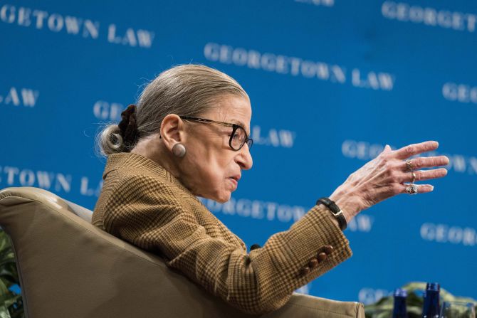 Ginsburg participates in a discussion about the 19th Amendment at the Georgetown University Law Center in February 2020. The 19th Amendment guaranteed women the right to vote.