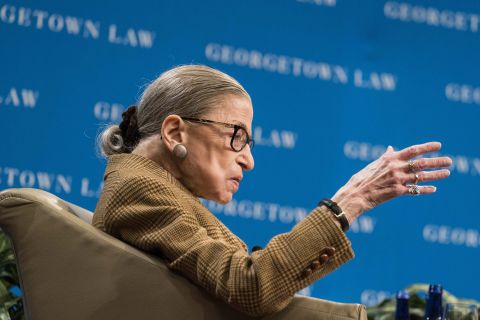 Ginsburg participates in a discussion about the 19th Amendment at the Georgetown University Law Center in February 2020. The 19th Amendment guaranteed women the right to vote.