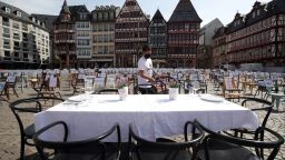 FRANKFURT AM MAIN, GERMANY - APRIL 24: Restaurant chairs stand during a nationwide protest by restaurateurs during the novel coronavirus crisis at the Roemer place on April 24, 2020 in Frankfurt am Main, Germany. Restaurant, cafe and beer garden owners across Germany are protesting today to demand an easing of lockdown measures imposed by authorities since March to stem the spread of the coronavirus. Many claim they are facing bankruptcy and demand to be able to reopen soon. (Photo by Alex Grimm/Getty Images)