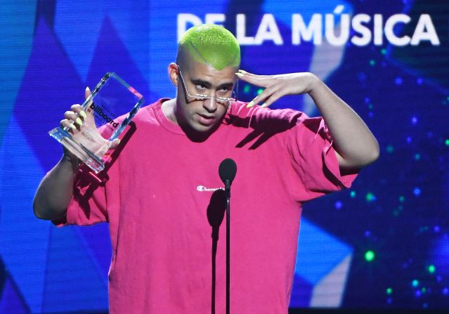 Bad Bunny accepting the Social Artist of the Year award during the 2019 Billboard Latin Music Awards.
