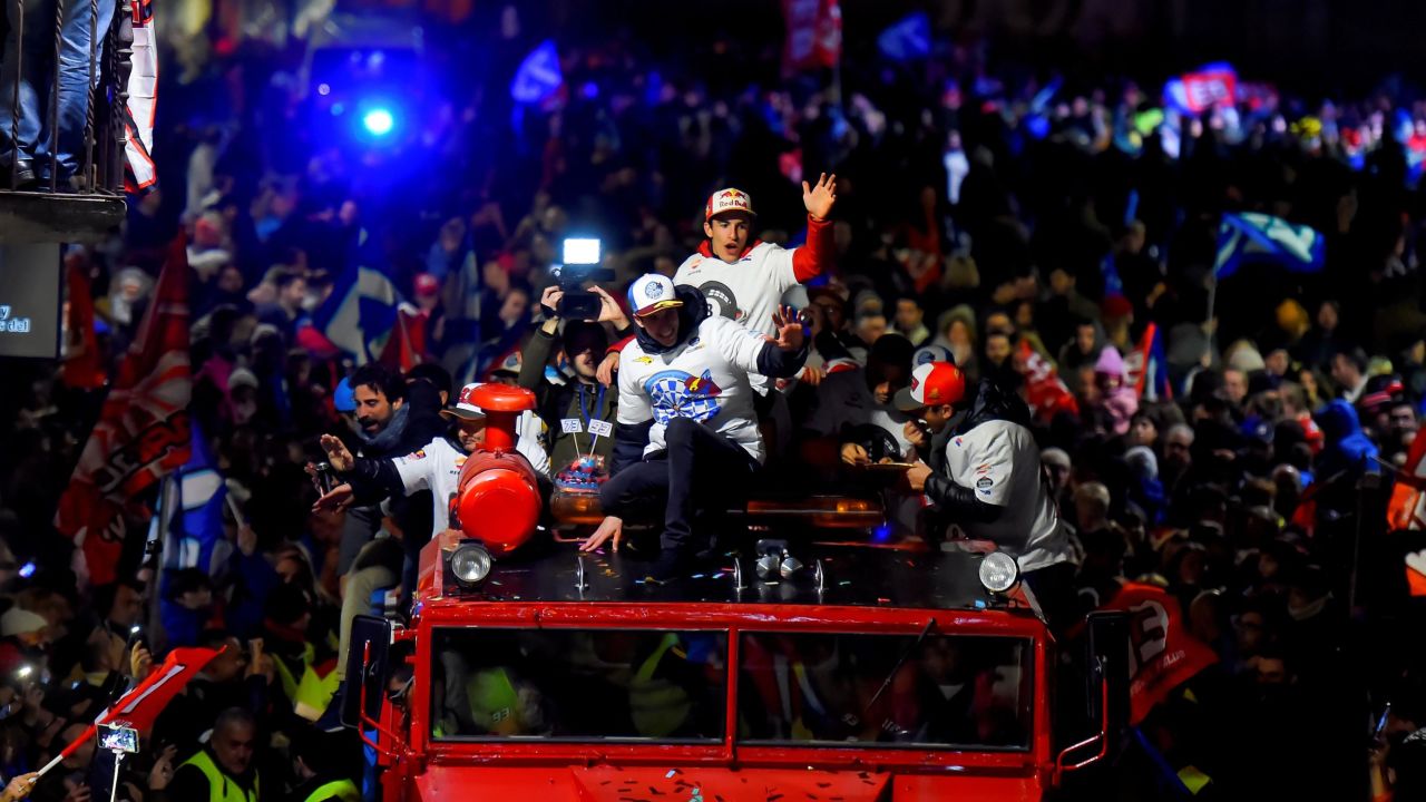 Marc Marquez and his brother, Alex, celebrate their respective MotoGP and Moto2 titles in Cervera on November 9, 2019.