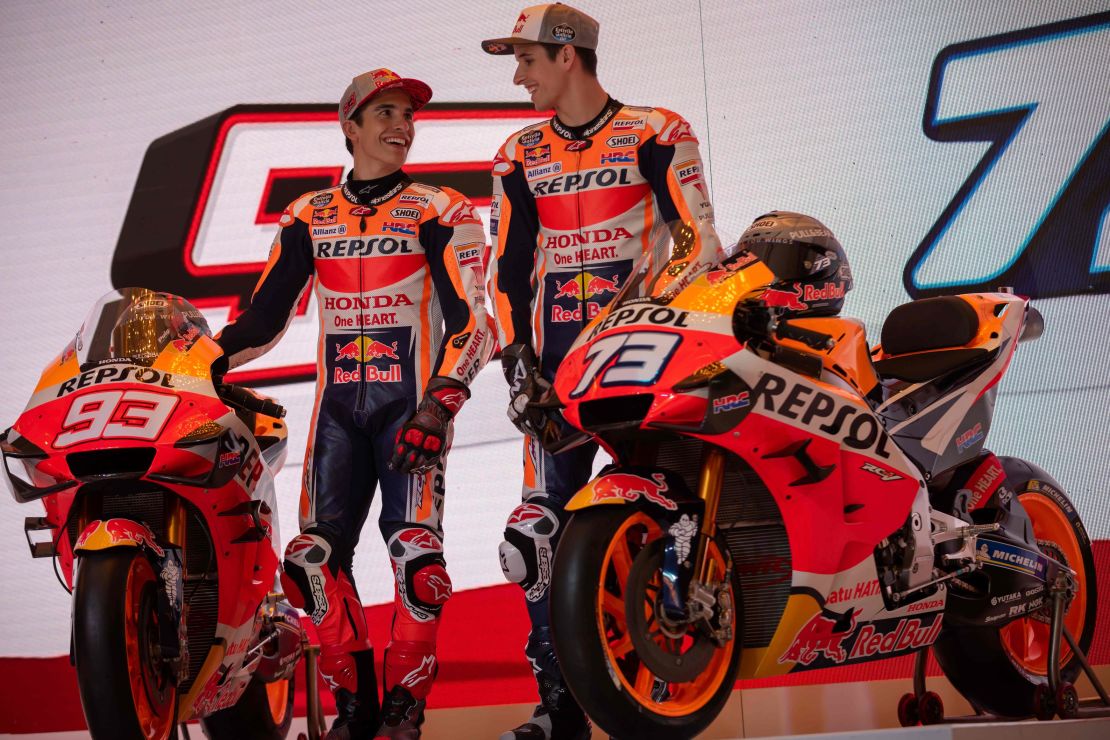 Marc Marquez (L) and his brother Alex Marquez (R) at the Repsol Honda team's official presentation for the 2020 season in Jakarta on February 4, 2020.