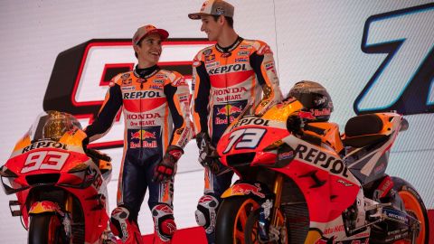 Marc Marquez (L) and his brother Alex Marquez (R) at the Repsol Honda team's official presentation for the 2020 season in Jakarta on February 4, 2020.