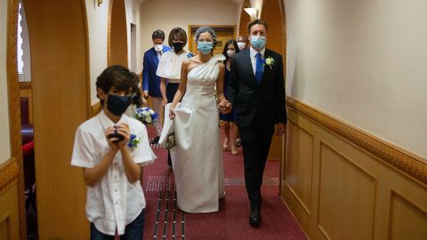 Hong Kong's coronavirus guidelines allow up to 20 guests at a wedding.  Ivan Watson and Rana Wehbe had eight. Photo: Scott Clotworthy