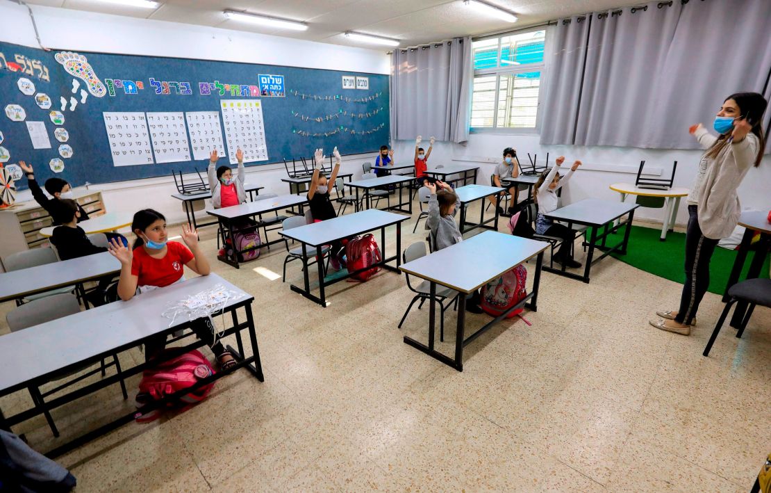An Israeli teacher welcomes students back to class along with new measures to prevent coronavirus spread.