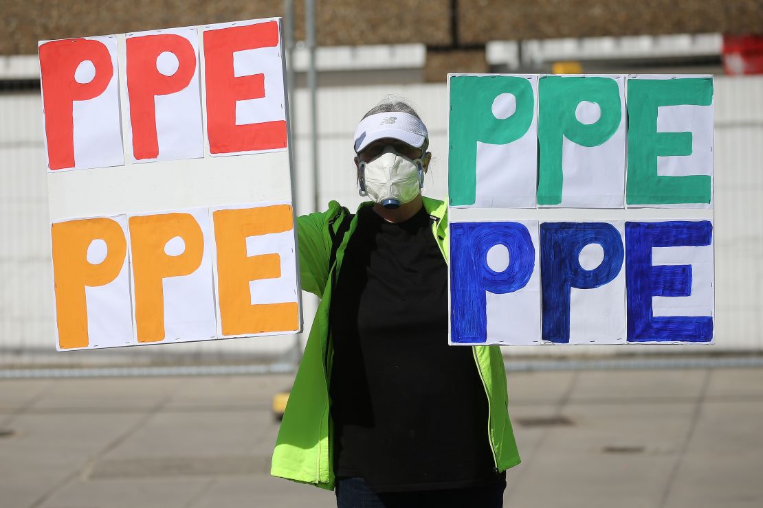 A protester demands more PPE in London last month.