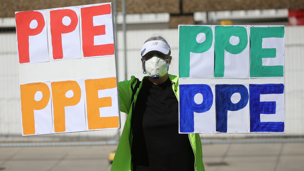 A protester demands more PPE in London last month.