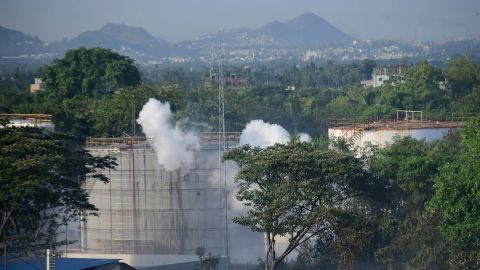 Smoke rises from LG Polymers plant, the site of a chemical gas leakage, in Vishakhapatnam, India, Thursday, May 7, 2020.