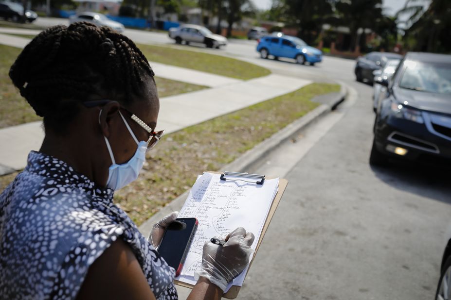 A volunteer works at a drive-thru food distribution in Miami during an event organized by the Feeding South Florida food bank on April 15. <a href="http://www.cnn.com/2020/04/15/us/gallery/food-banks-coronavirus/index.html" target="_blank">Related story: With people out of work, food banks are stepping up</a>