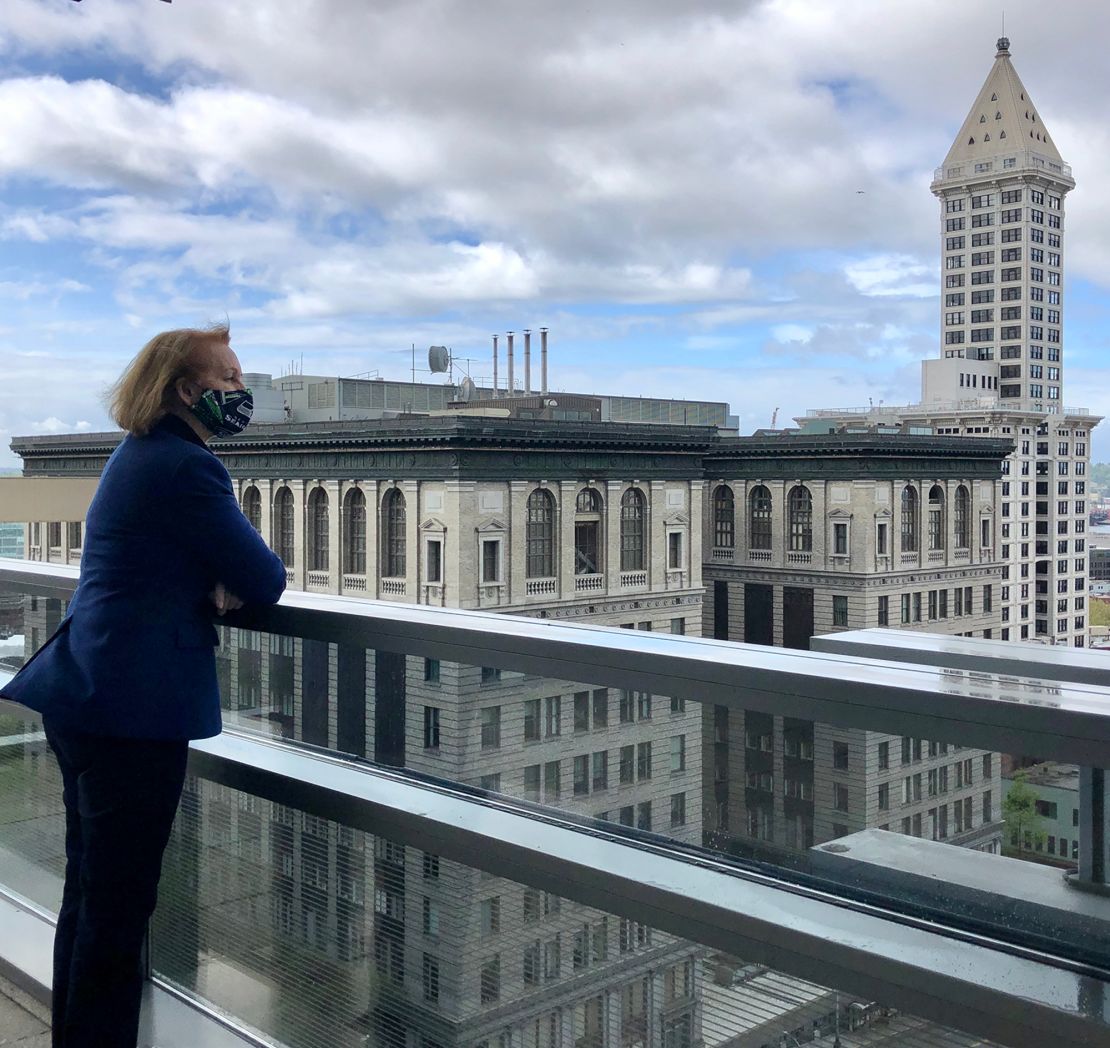 Seattle Mayor Jenny Durkan with mask on overlooking city