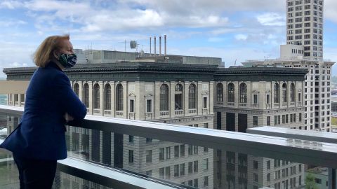 Seattle Mayor Jenny Durkan with mask on overlooking city