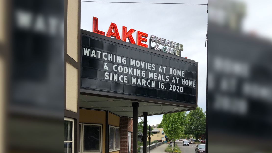 The marquee of the Lake Theater & Cafe in Oswego, Oregon.