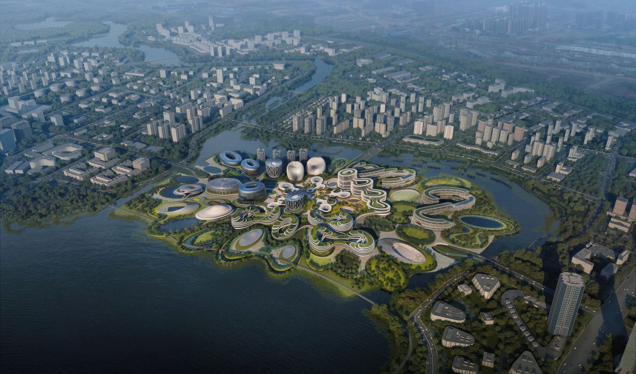 Designed by Zaha Hadid Architects, the technology hub Unicorn Island outside Chengdu is one of numerous new urban areas being constructed in China.